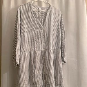Grey and white striped Old Navy dress with white slip attached.